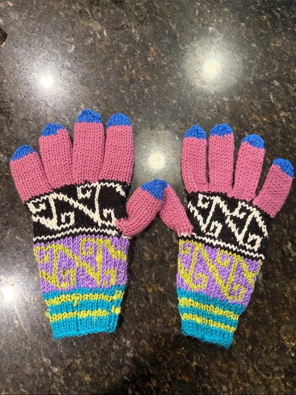 Pink Multicolor Knit Patterned Gloves Adult-sized